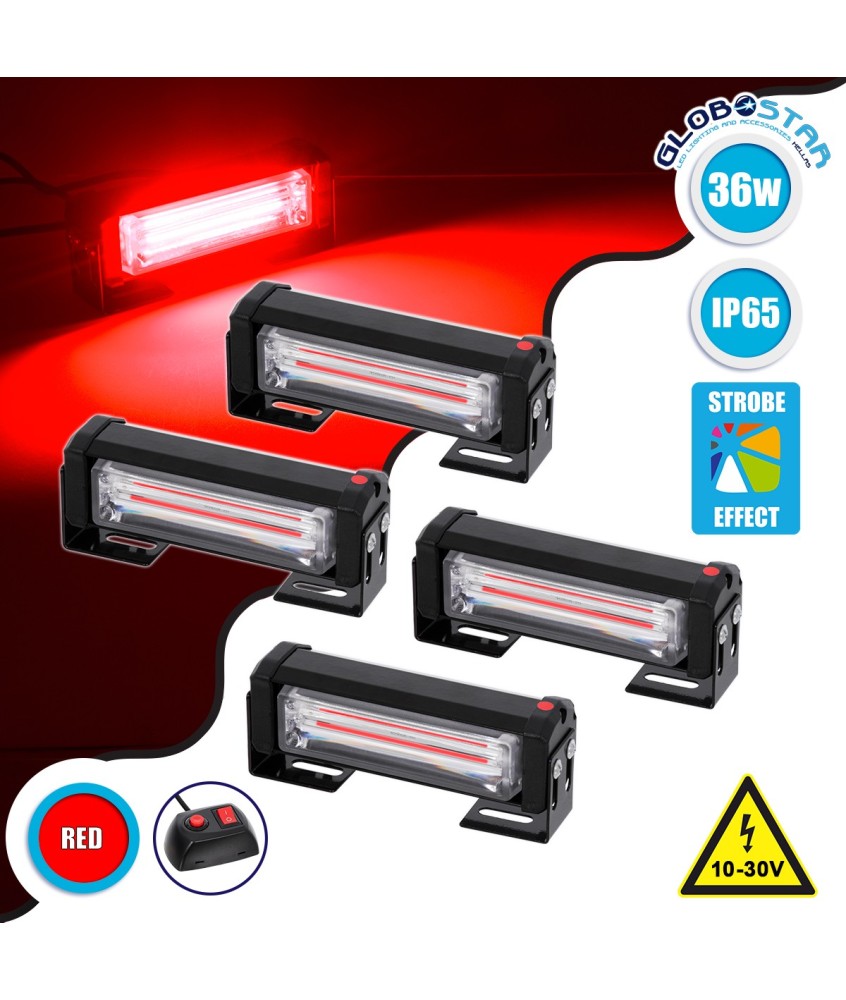 GloboStar® 85030 PRO Series ΣΕΤ 4 x Μπάρες Σήμανσης Οχήματος Πυροσβεστικής για Αυτοκίνητα & Φορτηγά 13 Προγραμμάτων Φωτισμού STROBE LED CREE CXB COB 36W DC 10-30V Αδιάβροχο IP65 Κόκκινο